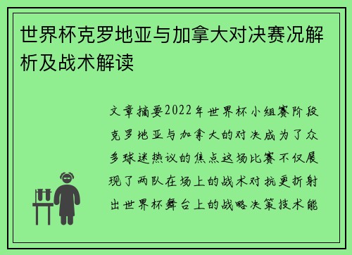 世界杯克罗地亚与加拿大对决赛况解析及战术解读