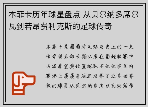 本菲卡历年球星盘点 从贝尔纳多席尔瓦到若昂费利克斯的足球传奇